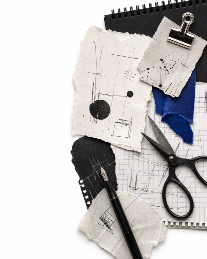 A creative workbench with paper, notebook, scissors, and pen