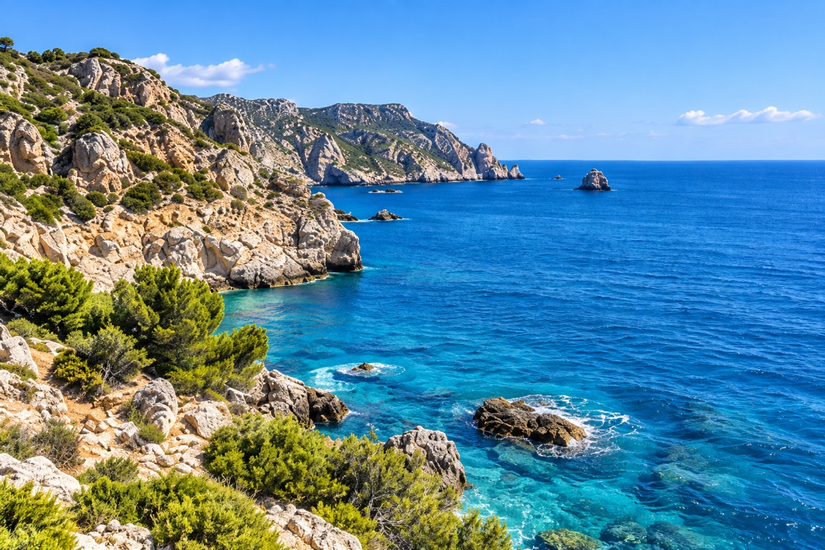 Example image: rocky coastline beside a blue sea