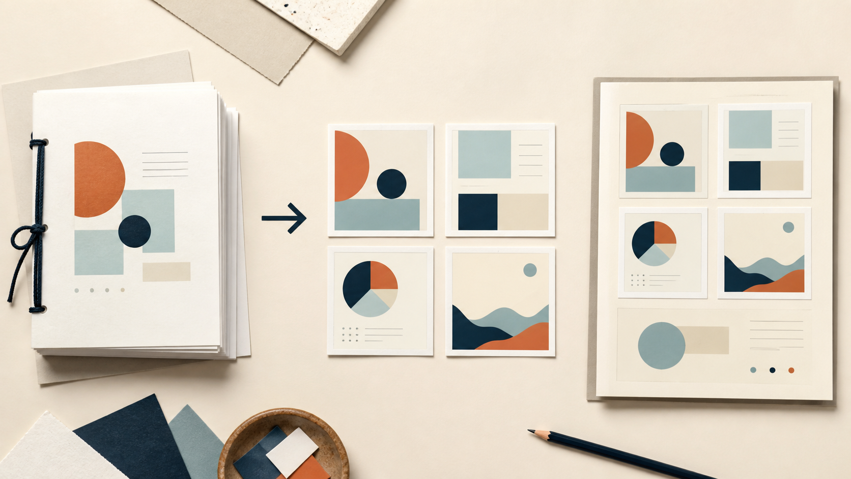 A document turning into four image cards and a presentation layout.