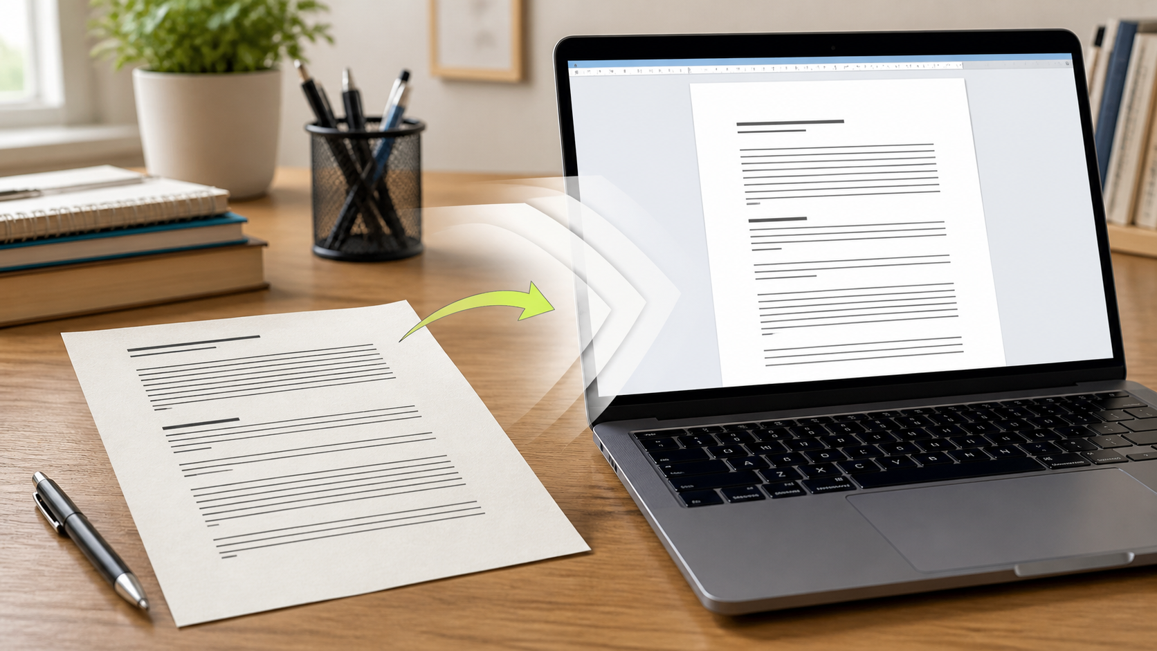 A document photograph becoming an editable Word draft, with a review step before sharing.