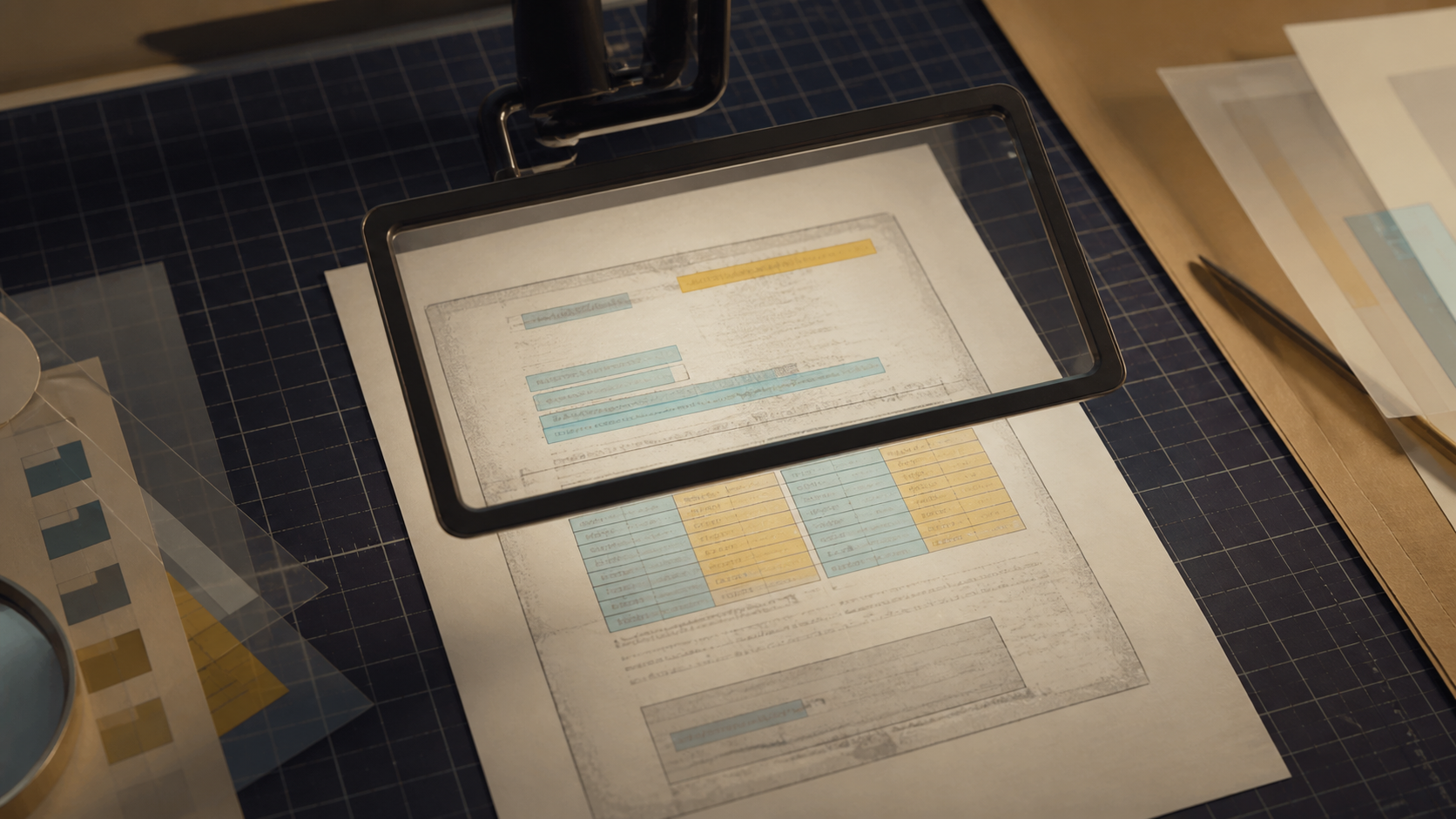 A scanned page under an inspection lens with table and field regions highlighted.
