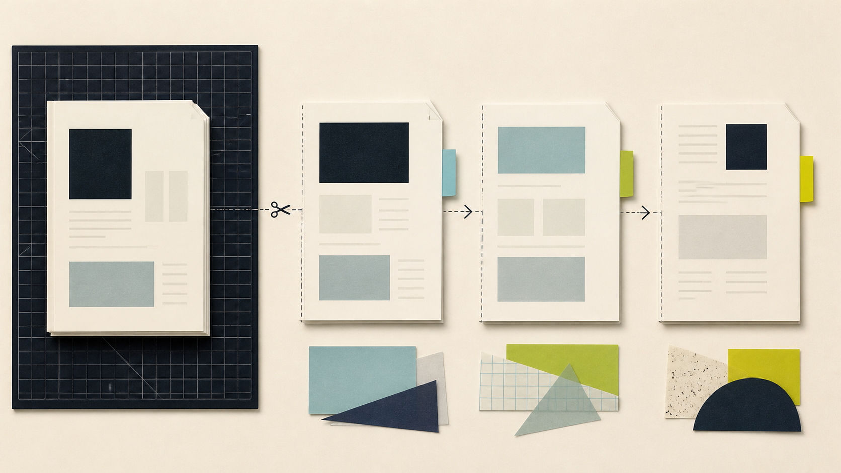 A long PDF divided into three ordered page groups on an editorial work surface.