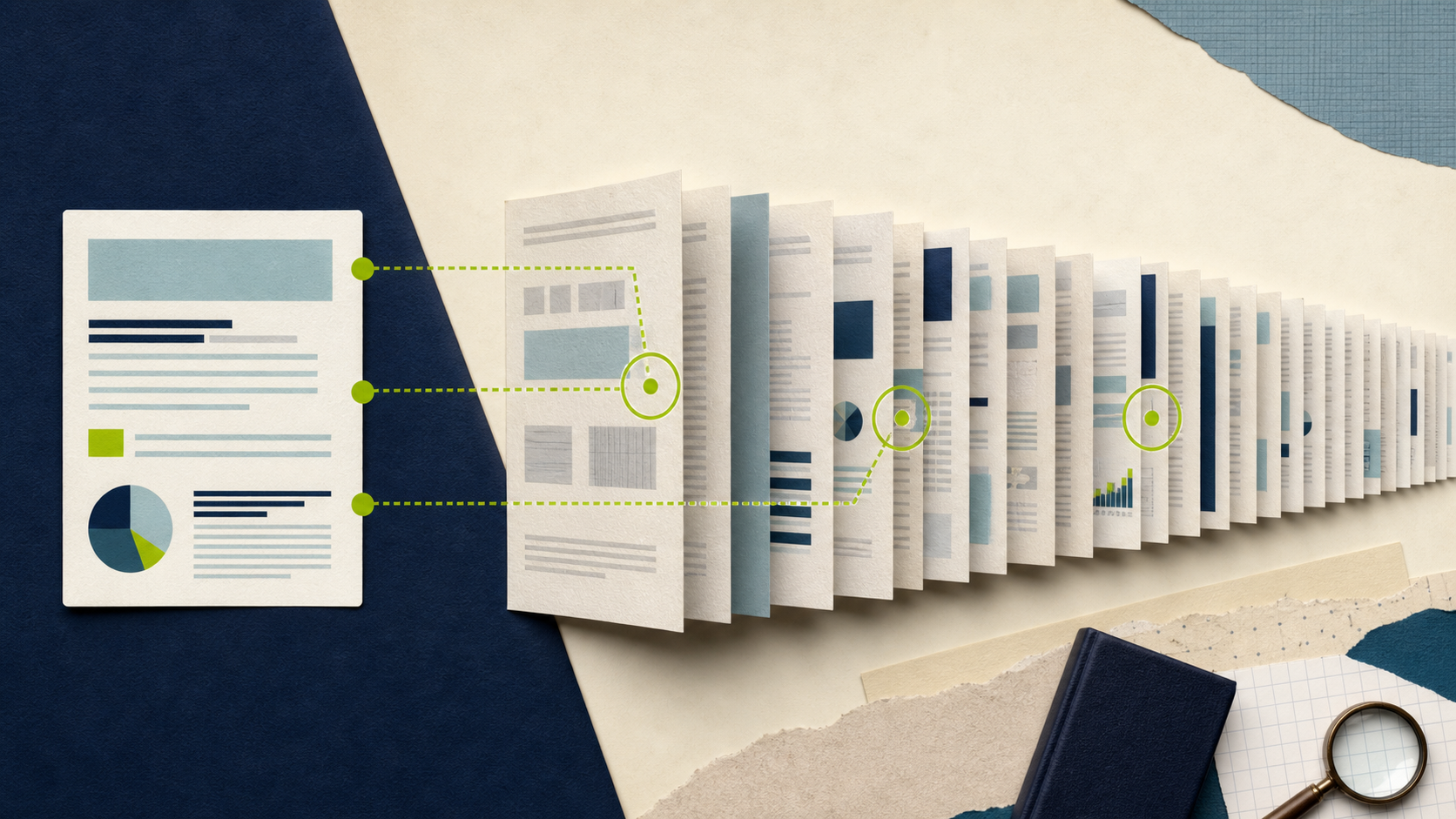 A short summary card connected to verification points across a long sequence of document pages.